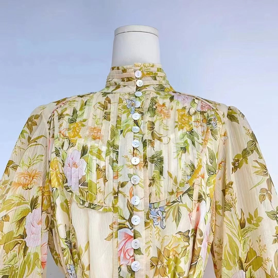 Robe chemise élégante à manches lanternes et ceinture pour femme, tenue courte à fleurs, printemps-automne, vacances