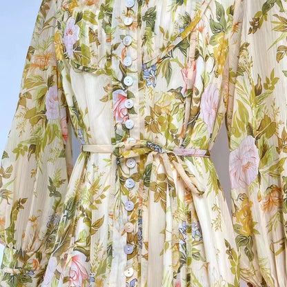 Robe chemise élégante à manches lanternes et ceinture pour femme, tenue courte à fleurs, printemps-automne, vacances