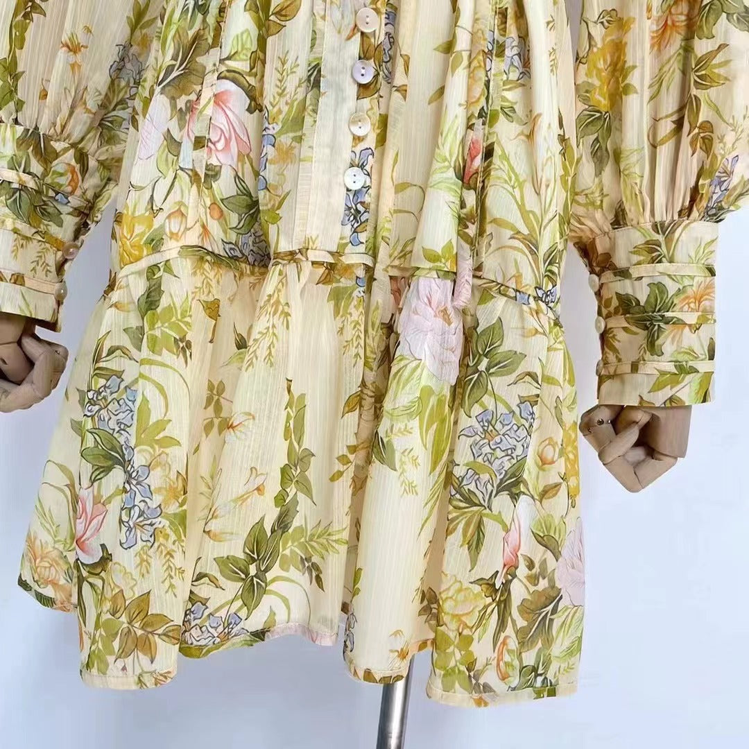 Vestido camisero elegante con cuello alto y mangas abullonadas con cinturón y estampado floral para mujer para primavera y otoño