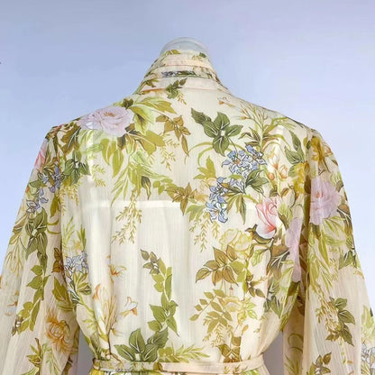 Robe chemise élégante à manches lanternes et ceinture pour femme, tenue courte à fleurs, printemps-automne, vacances