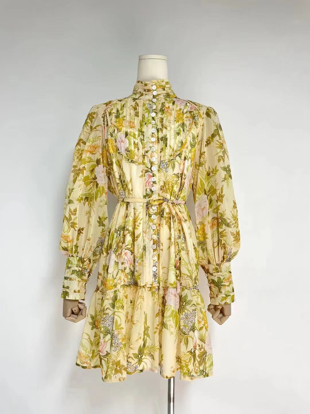 Robe chemise élégante à manches lanternes et ceinture pour femme, tenue courte à fleurs, printemps-automne, vacances