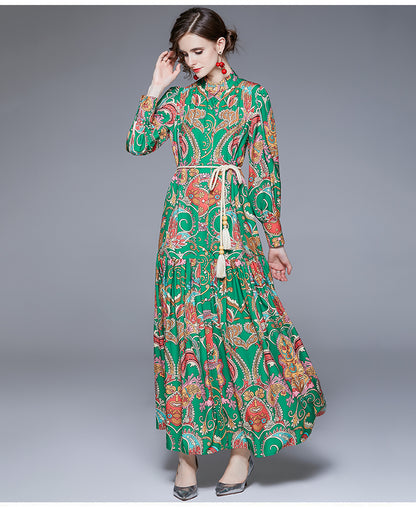 Women Spring Fall Long Sleeve Elegant Printed A Line Maxi Dress