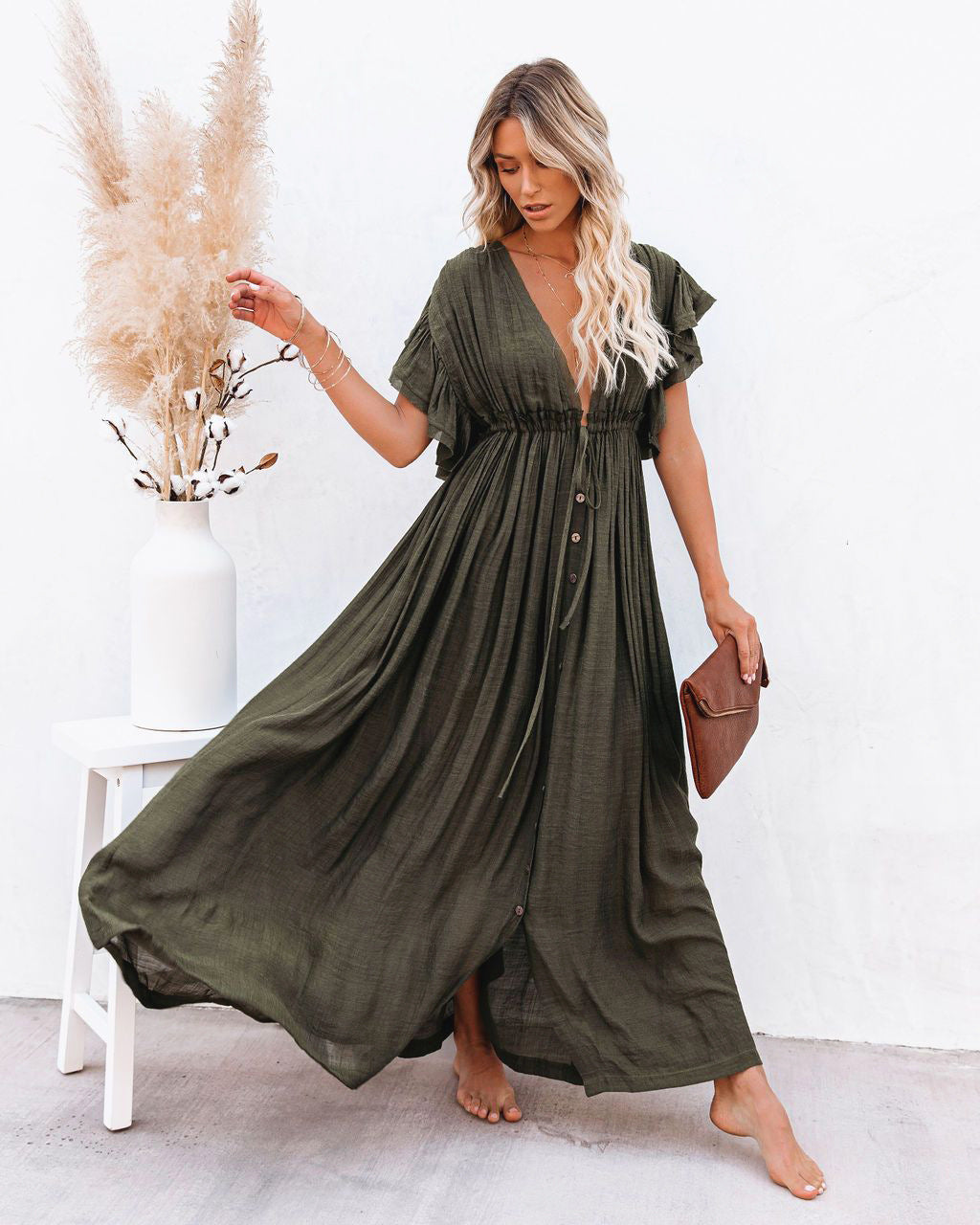 Women Summer Vacation Short Sleeve A Line Maxi Dress