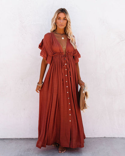 Women Summer Vacation Short Sleeve A Line Maxi Dress