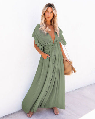 Women Summer Vacation Short Sleeve A Line Maxi Dress