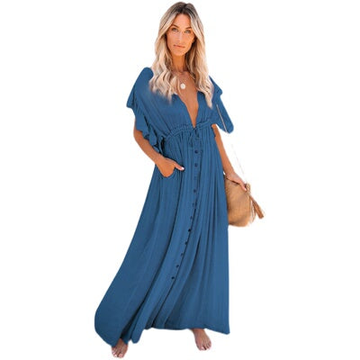 Women Summer Vacation Short Sleeve A Line Maxi Dress