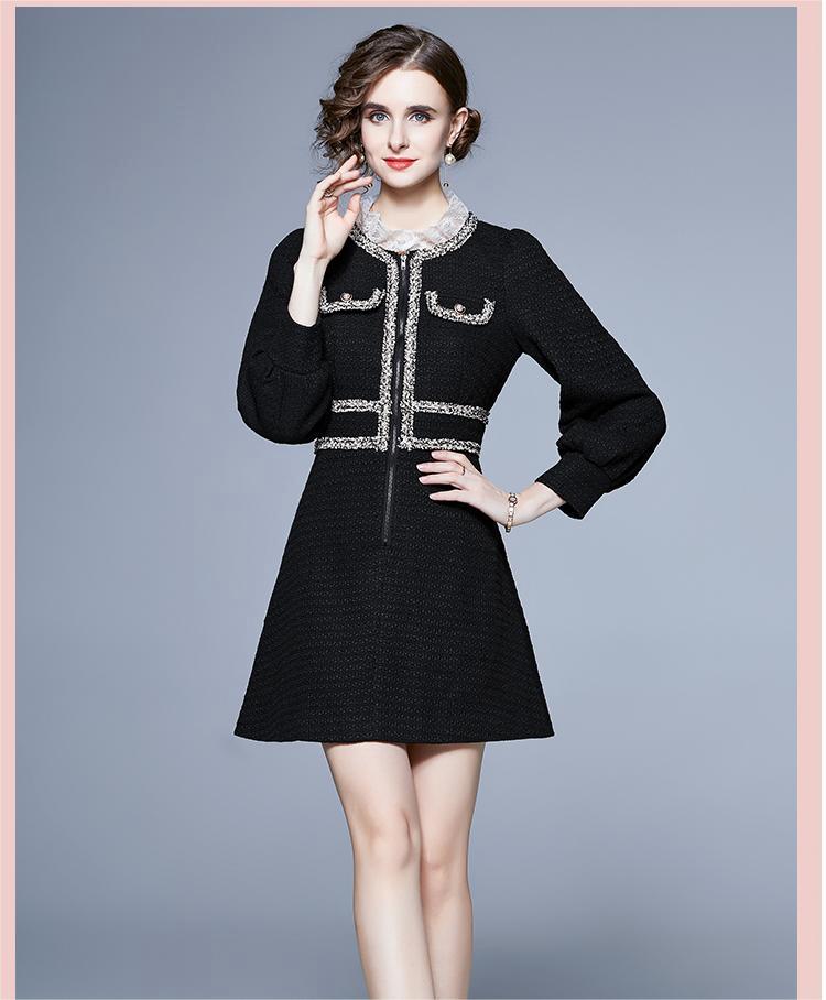 Tweed Lace Stand Collar Contrast Fleece Waist Slim Dress