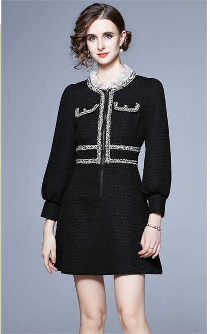 Tweed Lace Stand Collar Contrast Fleece Waist Slim Dress