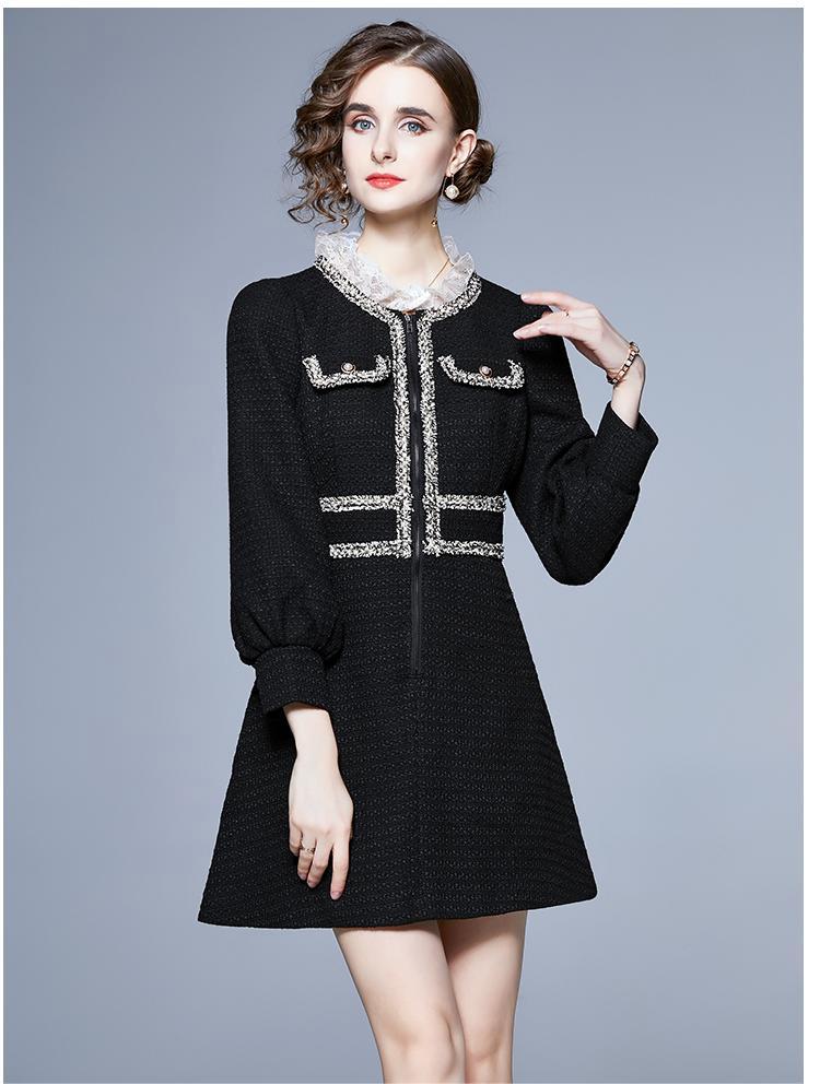 Tweed Lace Stand Collar Contrast Fleece Waist Slim Dress