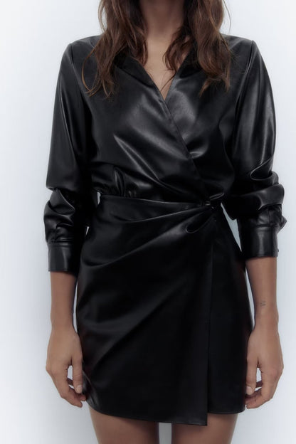 Robe courte en Faux cuir pour femme, vêtements pour début d'hiver, col Polo, couleur unie, taille plissée, manches longues