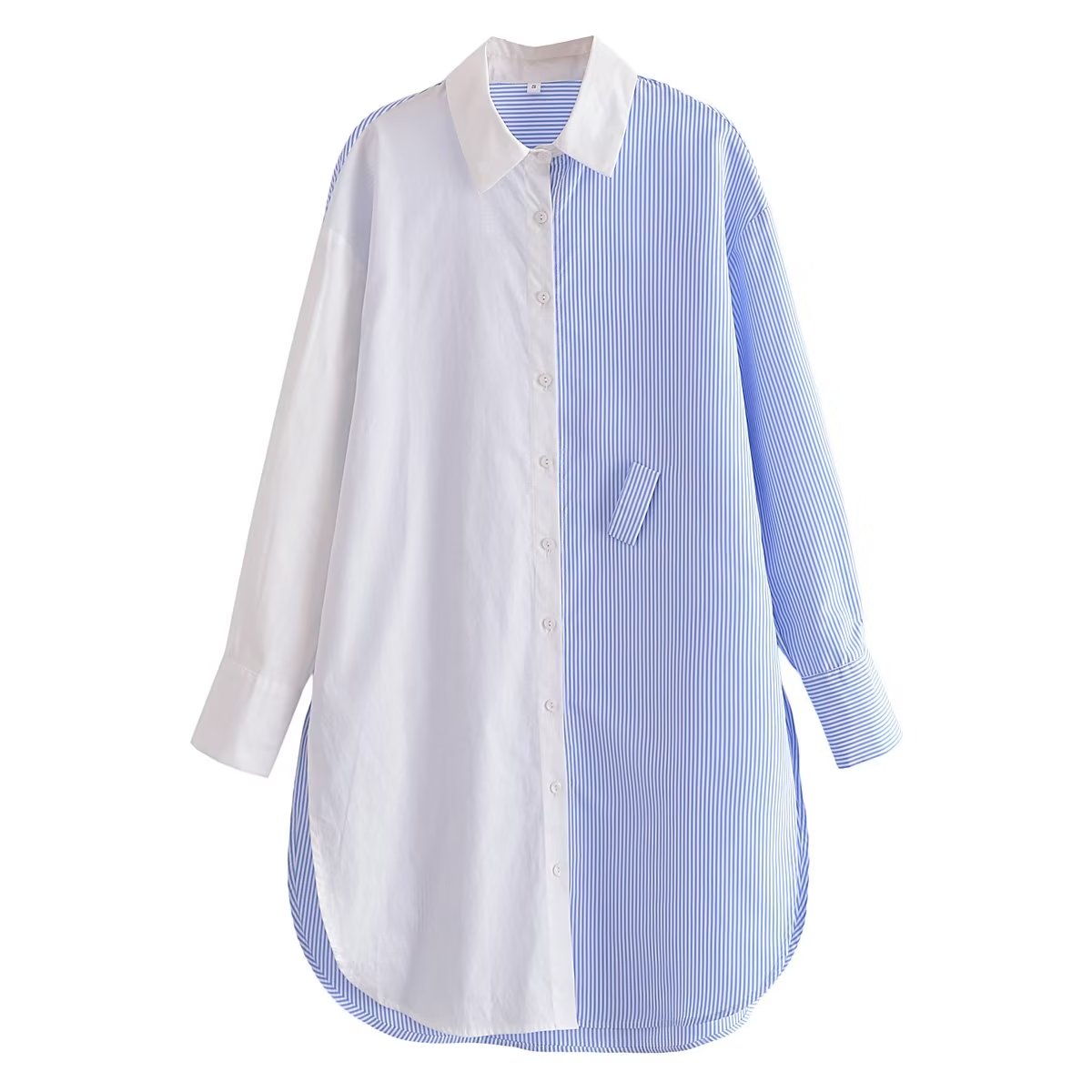 Chemise à rayures verticales bleu clair femmes automne poche unique à manches longues robe chemise amincissante