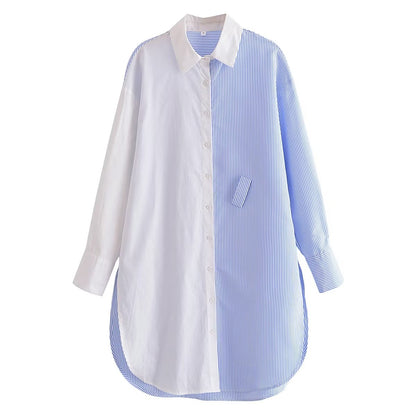 Chemise à rayures verticales bleu clair femmes automne poche unique à manches longues robe chemise amincissante