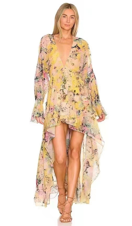 Women Sping Fall V Neck Vacation Long Sleeve Floral A Line Maxi Ruffled Tiered High Low Dress