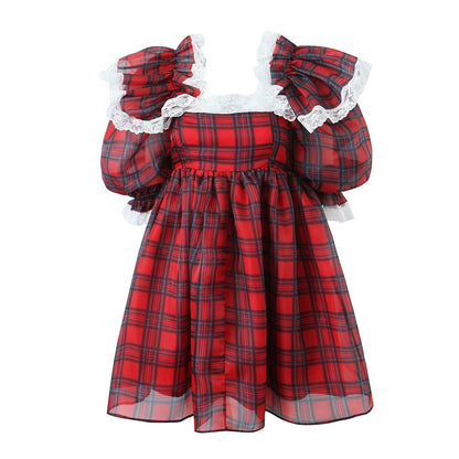 Women Clothing French Square Collar Burgundy Plaid Puff Dress