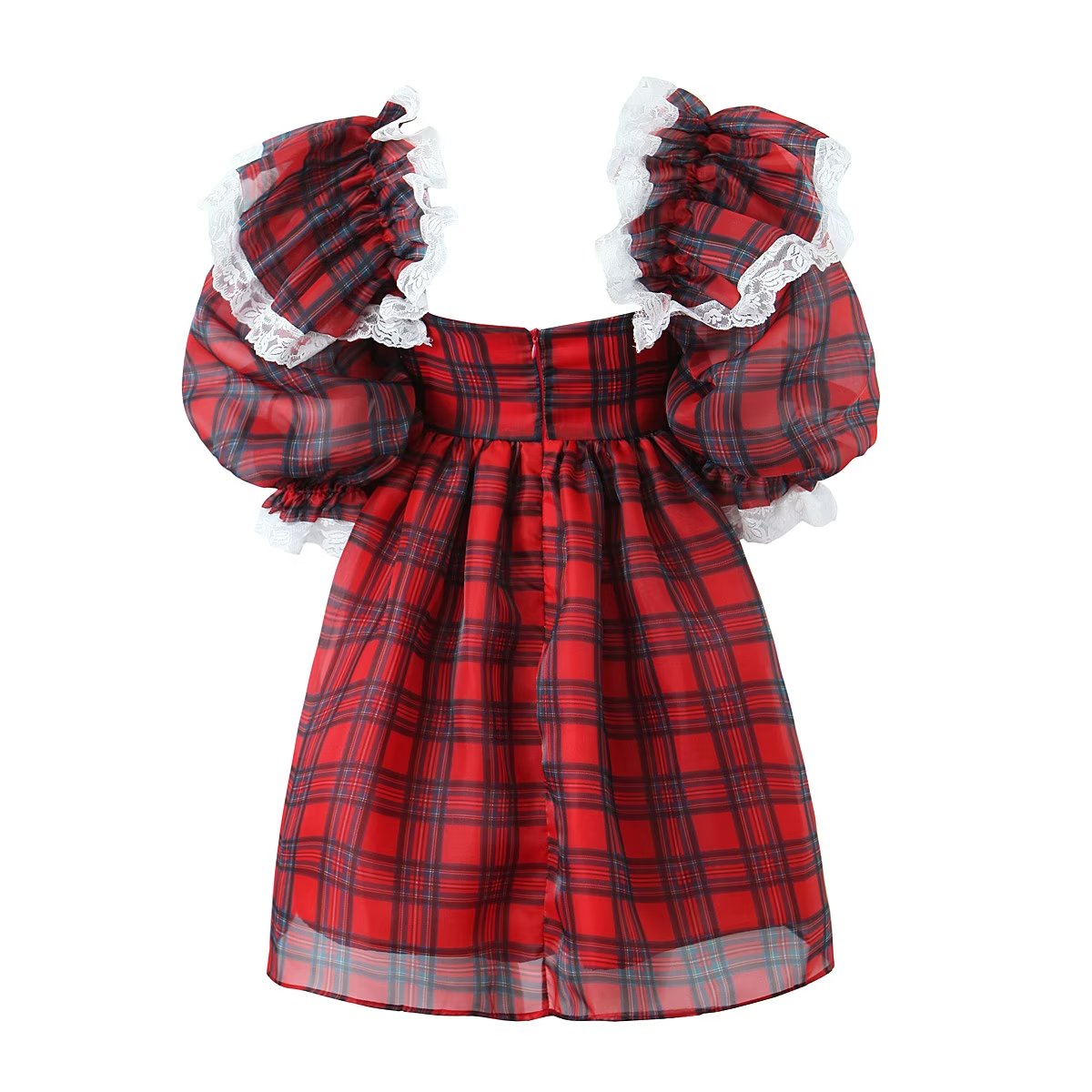 Women Clothing French Square Collar Burgundy Plaid Puff Dress