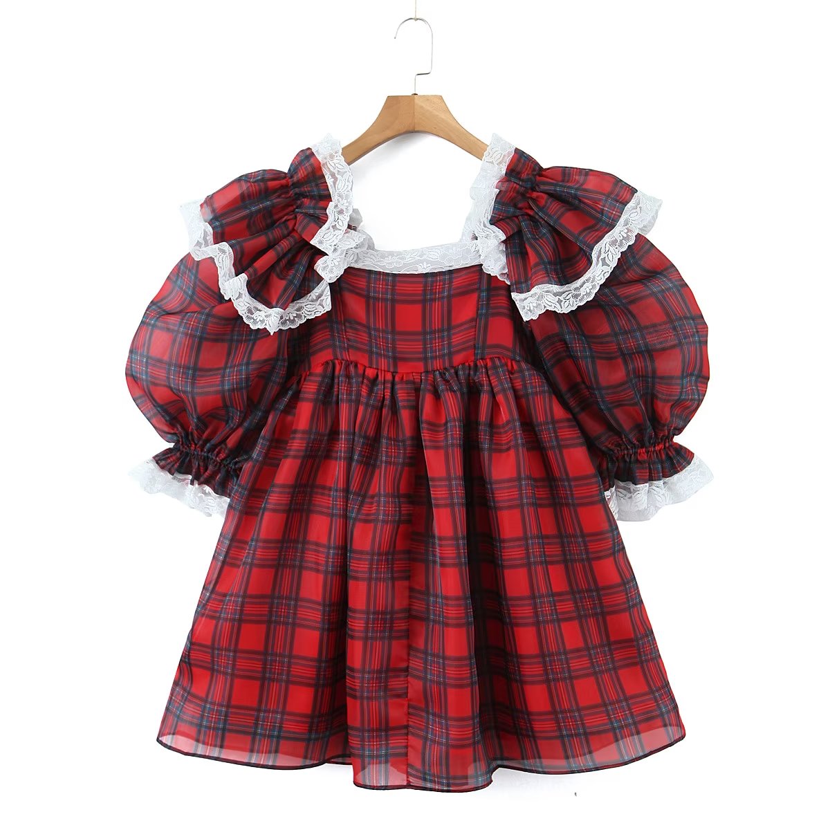 Women Clothing French Square Collar Burgundy Plaid Puff Dress