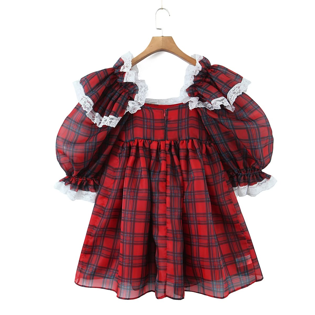 Women Clothing French Square Collar Burgundy Plaid Puff Dress