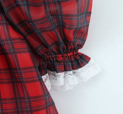 Women Clothing French Square Collar Burgundy Plaid Puff Dress