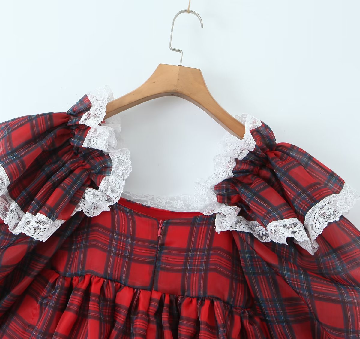 Women Clothing French Square Collar Burgundy Plaid Puff Dress