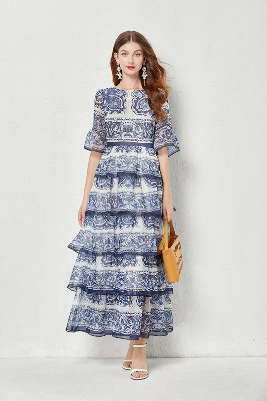 Women Summer High End Blue And White Porcelain Printed Flared Sleeve Cake Dress Silk Large Pendulum Dress