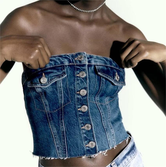 Automne Lavé Denim Corset Bustier Tubulaire Doux Haut Sans Manches Femmes