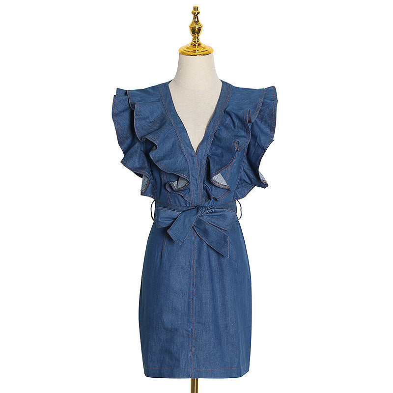 Celebrity Deep V Plunge Ruffled Sleeveless Lace up Sleeveless Waist Sheath Denim Dress Short Dress