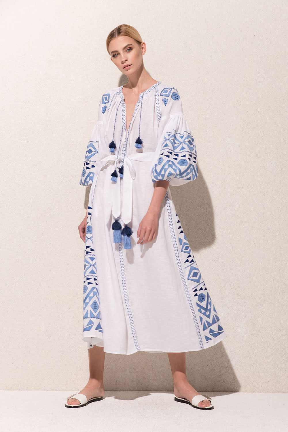 Women Summer Long Bohemian Embroidered Lantern Sleeve Dress