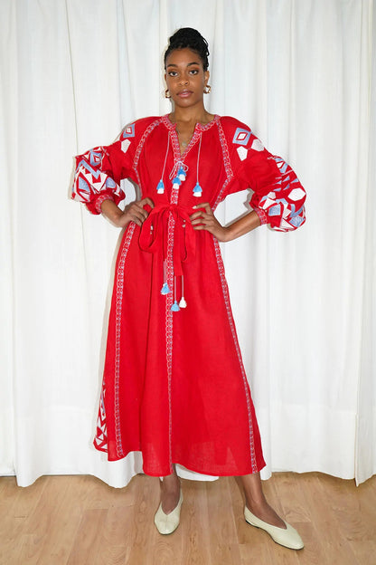 Vestido largo de verano con mangas abullonadas y bordado bohemio para mujer