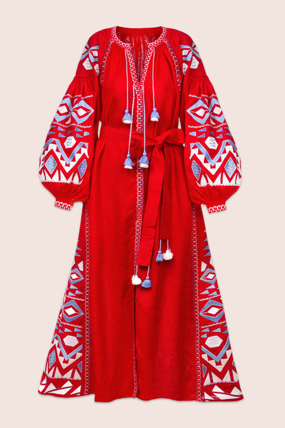 Women Summer Long Bohemian Embroidered Lantern Sleeve Dress