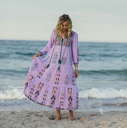 Vestido largo de verano para mujer, estilo bohemio, con mangas abullonadas y bordado con diseño de pastel