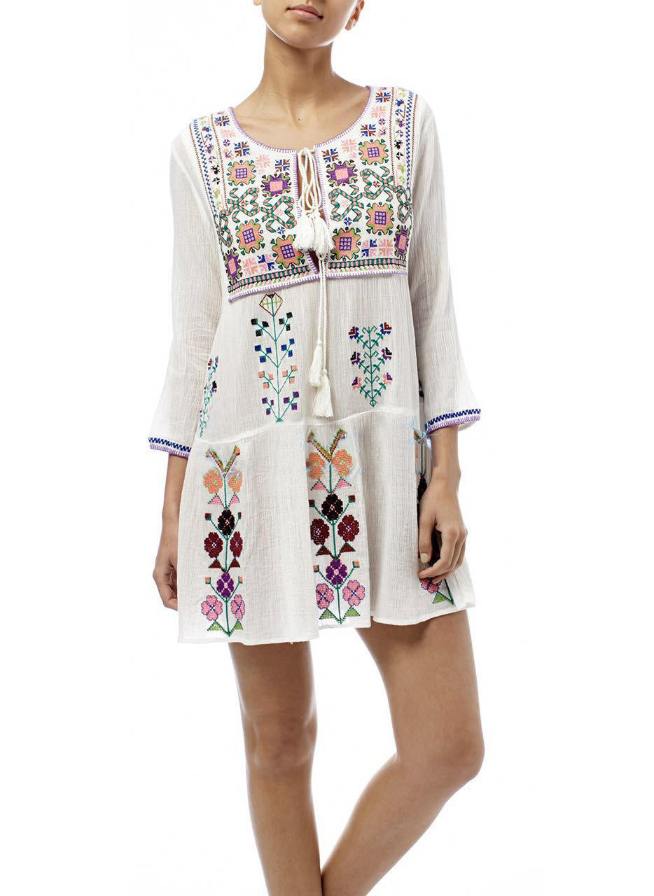 Women Spring And Summer New Bohemian Holiday Style National Style Flower Embroidery Temperament Dress