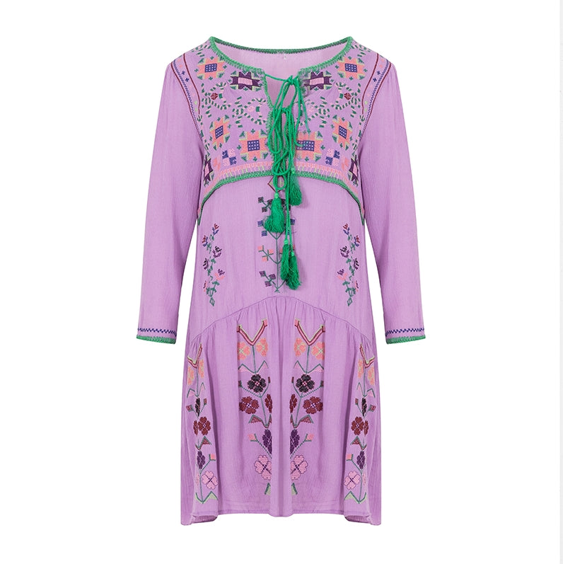 Women Spring And Summer New Bohemian Holiday Style National Style Flower Embroidery Temperament Dress