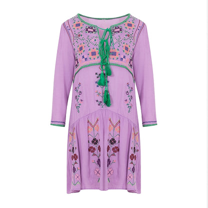 Women Spring And Summer New Bohemian Holiday Style National Style Flower Embroidery Temperament Dress