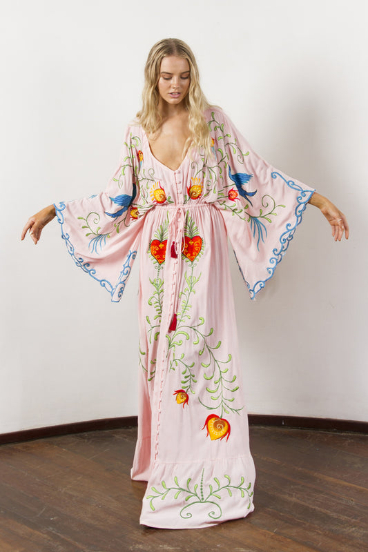 Vestido largo de diosa estilo vintage con decoración de borlas huecas y bordado de flores bohemias para primavera y verano para mujer