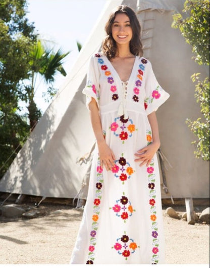 Vestido largo con escote en V profundo y tirantes con bordados de flores de colores estilo bohemio para vacaciones de primavera y verano para mujer