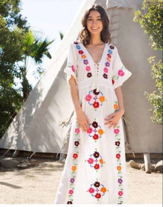 Women Spring and Summer Bohemian Holiday Style Color Flower Embroidered Long Dress Deep V Neck Strap Dress