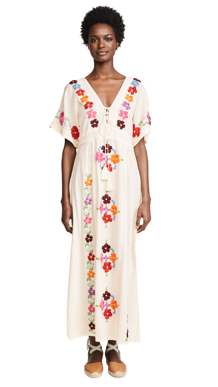 Women Spring and Summer Bohemian Holiday Style Color Flower Embroidered Long Dress Deep V Neck Strap Dress