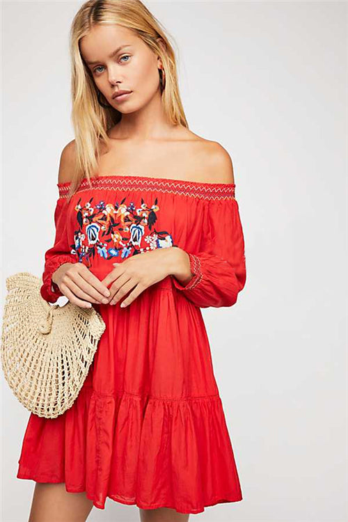 Women Spring and Summer Bohemian Flower Embroidered Shoulder Dress