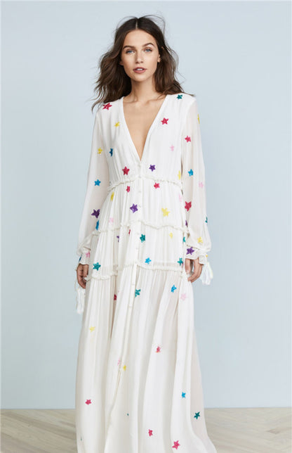 Vestido de vacaciones con bordado de estrellas estilo bohemio para mujer, primavera y verano, para playa