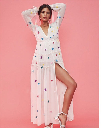 Vestido de vacaciones con bordado de estrellas estilo bohemio para mujer, primavera y verano, para playa