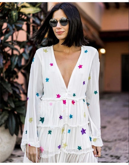 Women Spring and Summer Bohemian Vacation Style Star Embroidered Seaside Vacation Dress