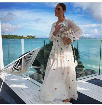 Women Spring and Summer Bohemian Vacation Style Star Embroidered Seaside Vacation Dress