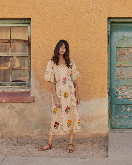 Vestido de mujer con encaje bordado, estilo bohemio, con flores para vacaciones, primavera y verano