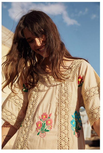 Vestido de mujer con encaje bordado, estilo bohemio, con flores para vacaciones, primavera y verano