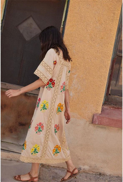 Vestido de mujer con encaje bordado, estilo bohemio, con flores para vacaciones, primavera y verano