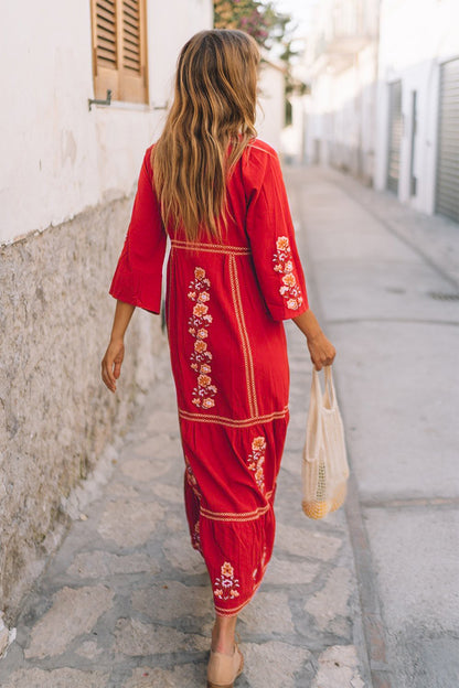 Women's Spring and Summer Bohemian Vacation Embroidered Solid Color Big Red Elegant Dress