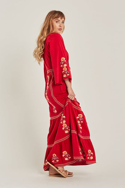 Vestido elegante de color rojo grande con bordados de estilo bohemio para vacaciones de primavera y verano para mujer