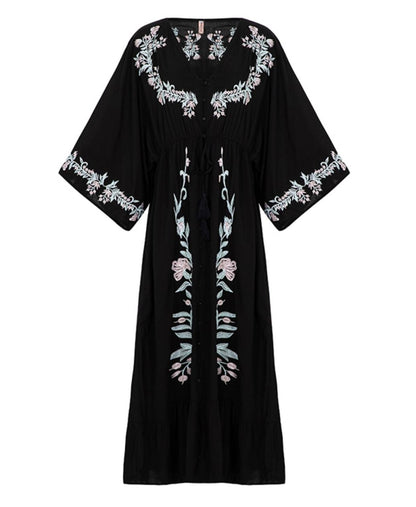 Women Spring and Summer Bohemian Flower Embroidered Vintage Goddess Dress