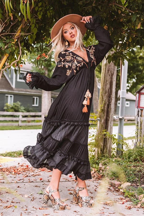 Women Spring And Summer Bohemian Holiday Style Pure Black Embroidered Large Swing Mesh Dress Long Dress