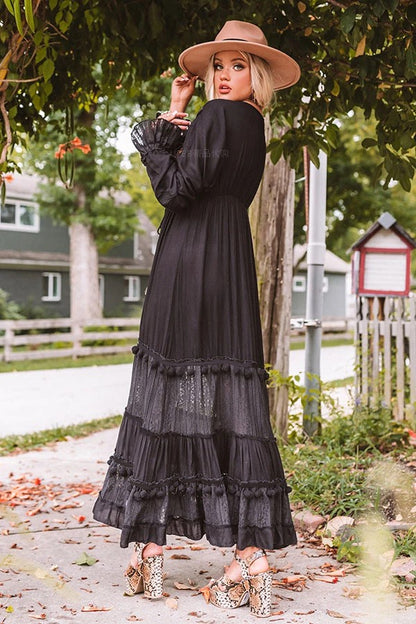 Women Spring And Summer Bohemian Holiday Style Pure Black Embroidered Large Swing Mesh Dress Long Dress